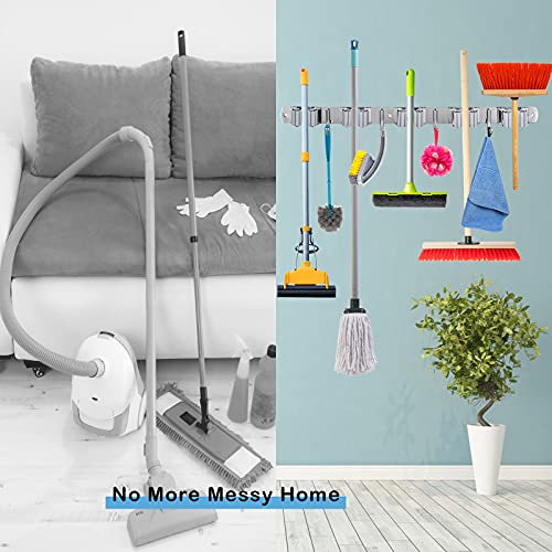 Surmopeak Mop and Broom-Holder Wall Mount, Broom-Organizer-Wall-Mount Self Adhesive, 16" Mounting Holes Mop-Broom-Hanger, Broom-Storage-Rack for Laundry Room, Garage Organization(5 Grippers 4 Hooks)