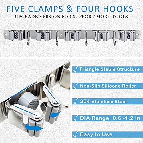 Surmopeak Mop and Broom-Holder Wall Mount, Broom-Organizer-Wall-Mount Self Adhesive, 16" Mounting Holes Mop-Broom-Hanger, Broom-Storage-Rack for Laundry Room, Garage Organization(5 Grippers 4 Hooks)