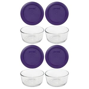pyrex (4) 7200 glass dishes & (4) pyrex 7200-pc plum purple lids