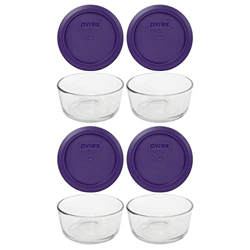 Pyrex (4) 7200 Glass Dishes & (4) Pyrex 7200-PC Plum Purple Lids