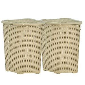 plastic corner laundry hamper with lid, curved designed laundry basket, 2 pack triangle beige cloths hamper organizer with cut-out handles for laundry room bedroom bathroom, wicker design, 50 liter