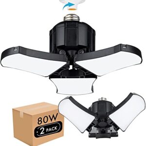 2-pack led garage lights, 80w led shop light 5000k 6000lm three-leaf garage ceiling light fixtures,adjustable multi-position panels，e26 base,led glow light for garage, workshop attic and basement