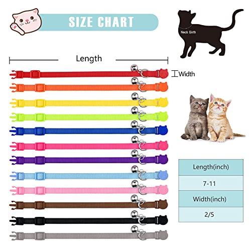 Uteuvili 12 PCS Breakaway Cat Collars with Bell Colorful Soft Safety Buckle Cat Collars Adjustable Breakaway Kitten Collars Safety Collars for Cats, 7 in-11 in