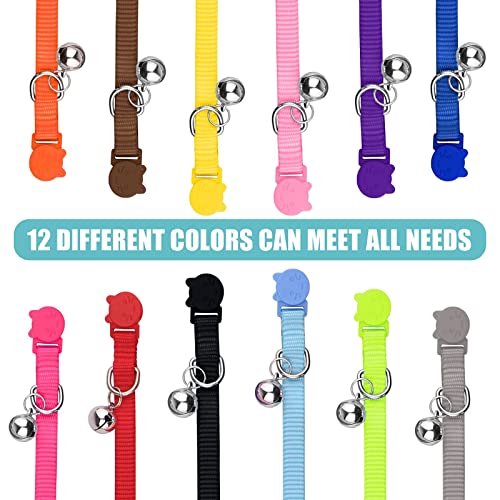 Uteuvili 12 PCS Breakaway Cat Collars with Bell Colorful Soft Safety Buckle Cat Collars Adjustable Breakaway Kitten Collars Safety Collars for Cats, 7 in-11 in