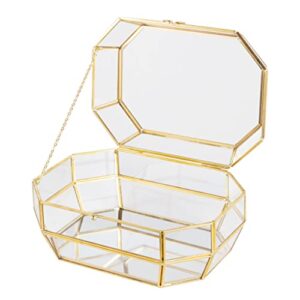 Vellon Gold and Clear Jewelry Trinket Box, Glass Decorative Box, Chic Design Storage for Cosmetic/Bracelet/Necklace/Ring, Idea Gift, Including 26 Glass Panels and 112 Golden Metal Line