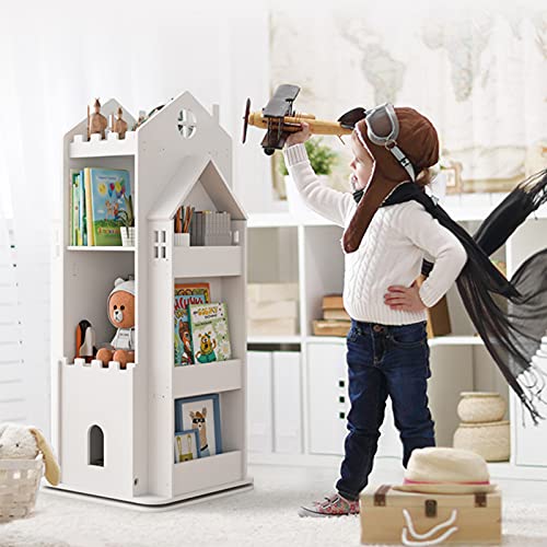 oxskk Revolving Bookcase,360° Children Bookshelf,Multi-Functional Floor Standing Book Storage Rack Organizer for Kids Room Bedroom-White 45x45x108cm(18x18x43inch) 68ps5-001