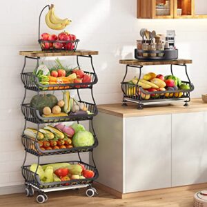 fruit basket for kitchen with wood top 5 tier, sayzh stackable fruit and vegetable storage cart, wire storage basket with wheels, vegetable basket bins rack for onions and potatoes, black