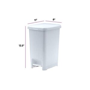 Superio Slim Step On Pedal Plastic Trash Can, Waste Bin for Under Desk, Office, Bedroom, Bathroom, Kitchen (2.5 gal) (White 2 Pack)