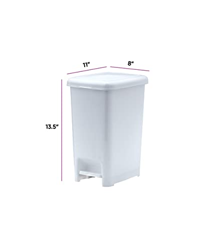 Superio Slim Step On Pedal Plastic Trash Can, Waste Bin for Under Desk, Office, Bedroom, Bathroom, Kitchen (2.5 gal) (White 2 Pack)