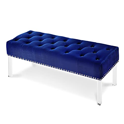 New Classic Furniture Vivian Velvet Bench with Crystal Buttons, Royal Blue