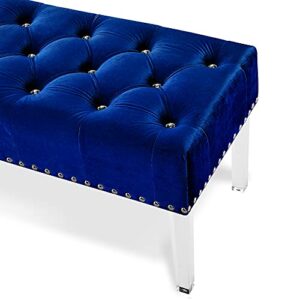 New Classic Furniture Vivian Velvet Bench with Crystal Buttons, Royal Blue