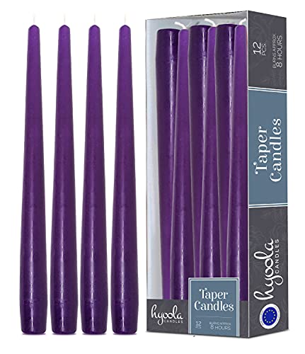 Hyoola Tall Taper Candles - 10 Inch Purple Unscented Dripless Taper Candles - 8 Hour Burn Time - 12 Pack