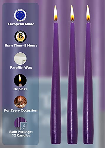 Hyoola Tall Taper Candles - 10 Inch Purple Unscented Dripless Taper Candles - 8 Hour Burn Time - 12 Pack