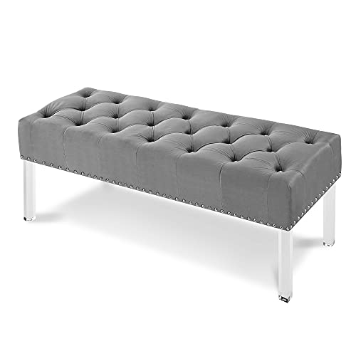 New Classic Furniture Vivian Velvet Bench with Crystal Buttons, Gray