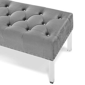 New Classic Furniture Vivian Velvet Bench with Crystal Buttons, Gray