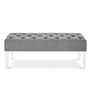 New Classic Furniture Vivian Velvet Bench with Crystal Buttons, Gray