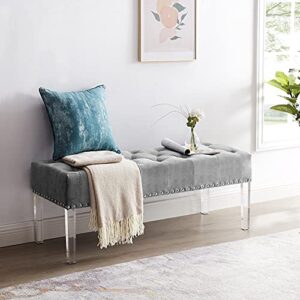 New Classic Furniture Vivian Velvet Bench with Crystal Buttons, Gray