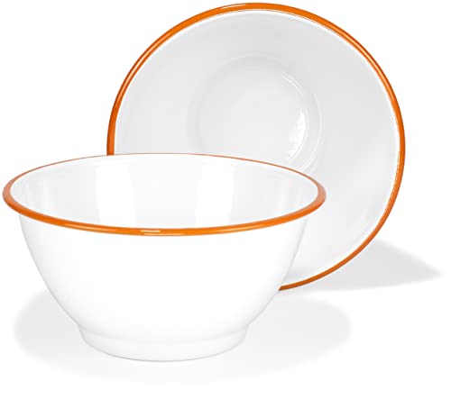 Red Co. Set of 2 Enamelware Metal Large Classic 4 quart Round Salad Serving Bowl, Solid White/Orange Rim