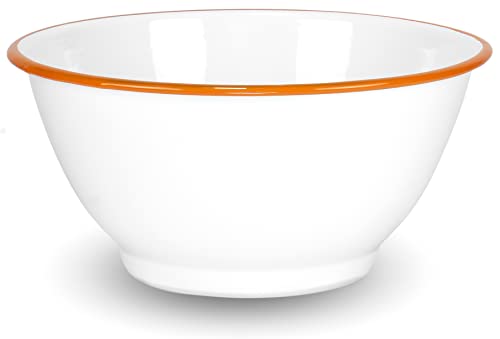 Red Co. Set of 2 Enamelware Metal Large Classic 4 quart Round Salad Serving Bowl, Solid White/Orange Rim