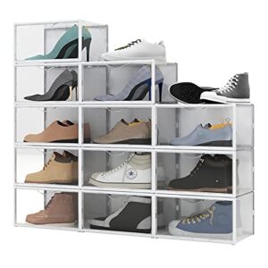 side open shoe boxes 12 pack clear shoes storage containers organizer foldable stackable,plastic shoe storage box sneaker cases for closets entryway bedroom garage,fits men's us size 5.0-13