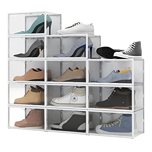 Side Open Shoe Boxes 12 PACK Clear Shoes Storage Containers Organizer Foldable Stackable,Plastic Shoe Storage Box Sneaker Cases for Closets Entryway Bedroom Garage,Fits Men's US Size 5.0-13