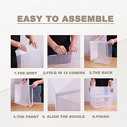 Side Open Shoe Boxes 12 PACK Clear Shoes Storage Containers Organizer Foldable Stackable,Plastic Shoe Storage Box Sneaker Cases for Closets Entryway Bedroom Garage,Fits Men's US Size 5.0-13