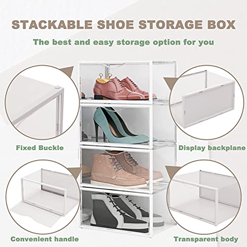 Side Open Shoe Boxes 12 PACK Clear Shoes Storage Containers Organizer Foldable Stackable,Plastic Shoe Storage Box Sneaker Cases for Closets Entryway Bedroom Garage,Fits Men's US Size 5.0-13