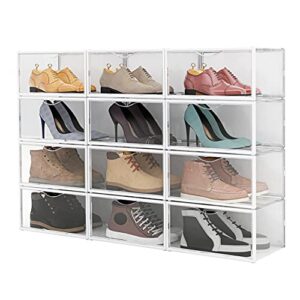 Side Open Shoe Boxes 12 PACK Clear Shoes Storage Containers Organizer Foldable Stackable,Plastic Shoe Storage Box Sneaker Cases for Closets Entryway Bedroom Garage,Fits Men's US Size 5.0-13