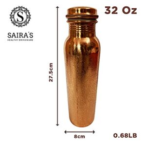 SAIRA’S 100% PURE COPPER WATER BOTTLE - LARGE 32 OZ - Boost Your Health - Huge Benefits - Handcrafted To Perfection - Keep Hydrated - Ayurvedic Water Bottle – Drink More Water - The Perfect way To Chill Water - Leak Proof Design - Perfect For Gift-Carved