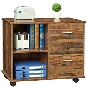 GreenForest L Shaped Corner Desk 65.7 inch with Storage Shelf and 2 Drawers File Cabinet Wooden Lateral File Cabinet with Open Storage Shelves