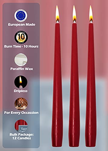 Hyoola Tall Taper Candles - 12 Inch Cherry Red Unscented Dripless Taper Candles - 10 Hour Burn Time - 12 Pack