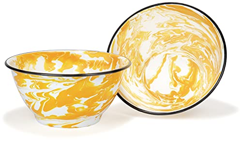 Red Co. Set of 2 Enamelware Metal Large Classic 4 quart Round Salad Serving Bowl, Yellow Swirls/Black Rim