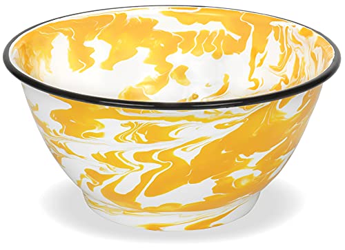 Red Co. Set of 2 Enamelware Metal Large Classic 4 quart Round Salad Serving Bowl, Yellow Swirls/Black Rim