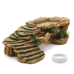 paulozyn reptile shale scape step ledge ramps turtle basking platforms hide cave 12.6in large rock for reptile aquarium bearded dragon chameleon tortoise lizards resin, with ceramic food dish bowls