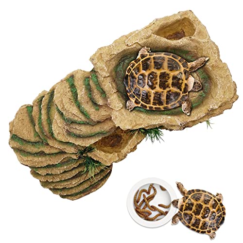 PAULOZYN Reptile Shale Scape Step Ledge Ramps Turtle Basking Platforms Hide Cave 12.6in Large Rock for Reptile Aquarium Bearded Dragon Chameleon Tortoise Lizards Resin, with Ceramic Food Dish Bowls