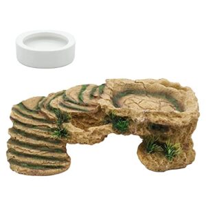 PAULOZYN Reptile Shale Scape Step Ledge Ramps Turtle Basking Platforms Hide Cave 12.6in Large Rock for Reptile Aquarium Bearded Dragon Chameleon Tortoise Lizards Resin, with Ceramic Food Dish Bowls