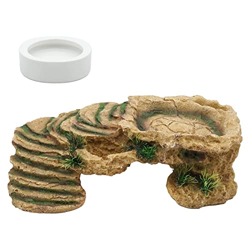 PAULOZYN Reptile Shale Scape Step Ledge Ramps Turtle Basking Platforms Hide Cave 12.6in Large Rock for Reptile Aquarium Bearded Dragon Chameleon Tortoise Lizards Resin, with Ceramic Food Dish Bowls