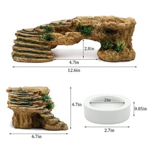 PAULOZYN Reptile Shale Scape Step Ledge Ramps Turtle Basking Platforms Hide Cave 12.6in Large Rock for Reptile Aquarium Bearded Dragon Chameleon Tortoise Lizards Resin, with Ceramic Food Dish Bowls