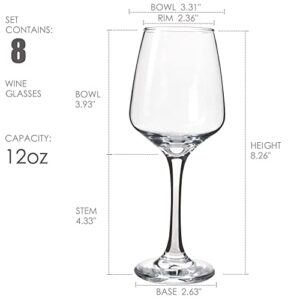 Wine Glasses Set of 8, 12 Oz Classic Red or White Wine Glass with Stem, Perfect for Home, Restaurant Use, Dishwasher Safe