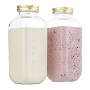 32oz square glass milk bottle with metal airtight lids - vintage reusable milk jugs - dairy drinking containers for milk, yogurt, smoothies, kefir, kombucha, and water- by kitchentoolz