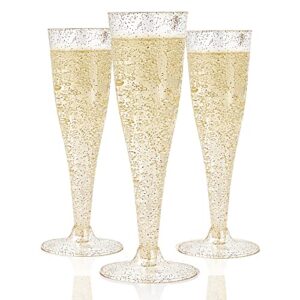 jolly chef 30 pack plastic champagne flutes disposable 4.5 oz gold glitter plastic champagne glasses perfect for wedding, thanksgiving day, christmas