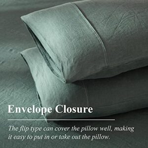 Ivellow Green Linen Duvet Cover Queen 100% Pure Washed French Flax Linen Duvet Cover Set Soft Breathable Moisture Wicking Cooling Linen Bedding Set 3Pcs (1 Linen Queen Duvet Cover 2 Pillow Shams)