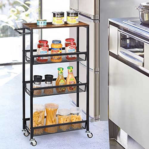 MOOACE Slim Storage Cart, 4 Tier Rolling Kitchen Shelving Unit on Wheels Mobile Narrow Cart with Wooden Tabletop for Bathroom, Laundry Narrow Places, 16.6''x 7.3''x 31.1''inch