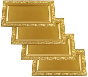 yumchikel-decorative plastic serving tray & platter set (4pk)-gold & lace rim disposable serving trays & platters for food - weddings, upscale parties, dessert table, cupcake display - 14"x7.5" inches