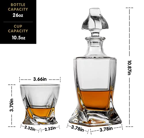 Whiskey Gifts for Men, Whiskey Decanter Set with 4 Glasses in Gift Box by Verolux | Elegant Twisted Design with Glass Stopper - Liquor, Bourbon, Brandy, Gin, Rum, Tequila, Vodka, Cognac