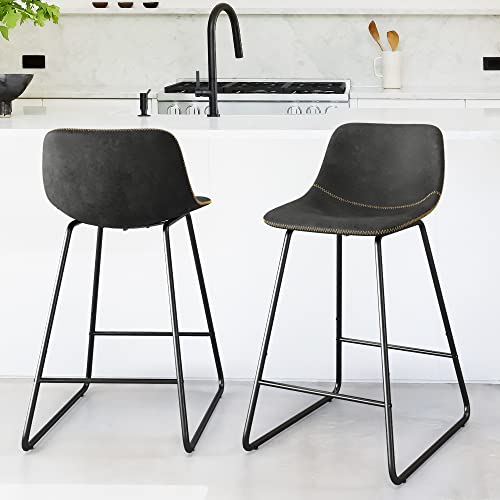 Alexander Indoor/Outdoor Industrial Faux Leather Bar Stools Set of 4,Urban Armless Dining Chairs With Metal Legs, Modern Counter Height Barstools For High Desk Home Office Restaurants,24",Black
