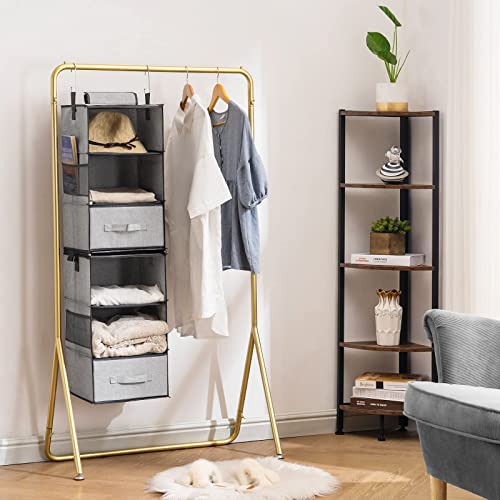 YOUDENOVA Hanging Closet Organizers with Drawers, Two 3-Shelf Separable Closet Hanging Shelves for Dorm, RV, Canvas, Grey