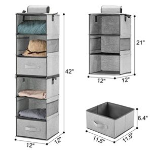 YOUDENOVA Hanging Closet Organizers with Drawers, Two 3-Shelf Separable Closet Hanging Shelves for Dorm, RV, Canvas, Grey