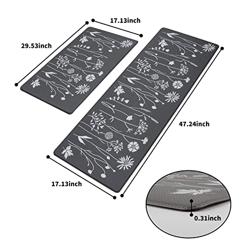 Rempry 2 Pcs Kitchen Rugs and Mats, Cushioned Anti-Fatigue Floor Mat, PVC Non-Slip Waterproof Kitchen Rug Set for Kitchen, Office, Sink 17"x47"+17"x29" (Grey)