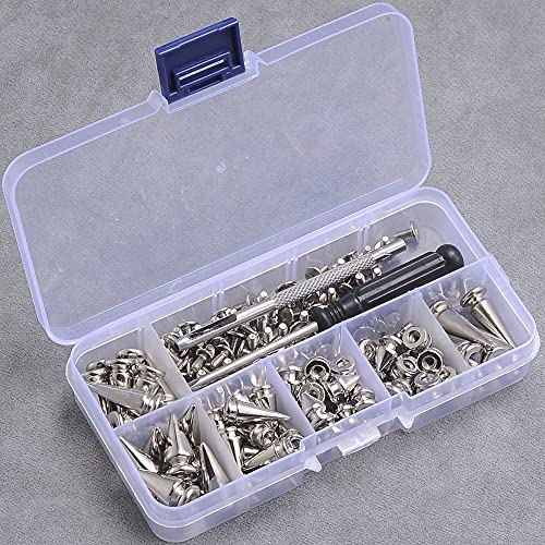 YORANYO 70 Sets Mixed Shape Spikes and Studs Assorted Sizes Spike Studs for Clothing Silver Color Screw Back Bullet Tree Studs and Spikes Rivet for Leather Craft Clothing Shoes Belts Bags Dog Collars